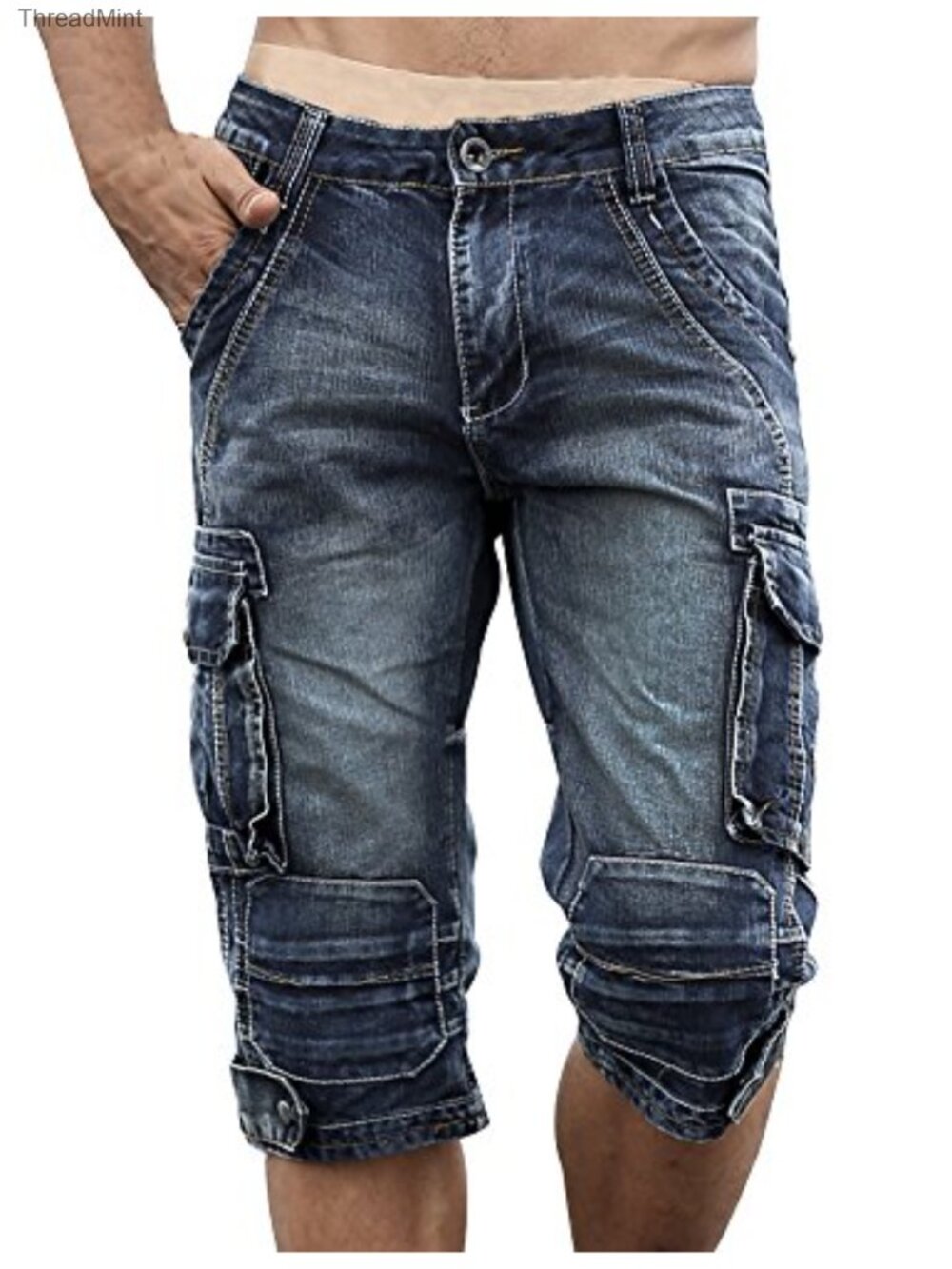 Men's Cargo Denim Biker Jean Shorts with Zippers